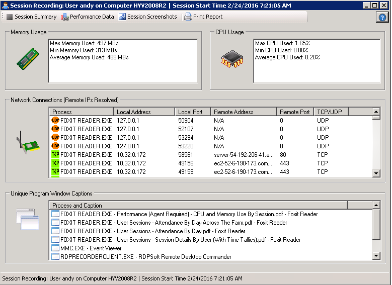 Reviewing Remote Desktop User Network Connections and Window Captions